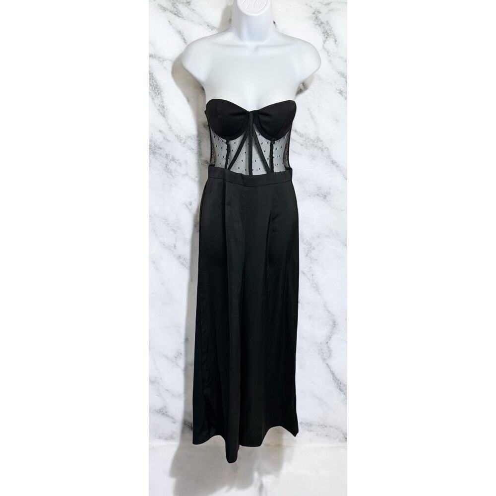 Shein Black Strapless Jumpsuit Sz XS Wide Leg Pant Corset Mesh Top One Piece